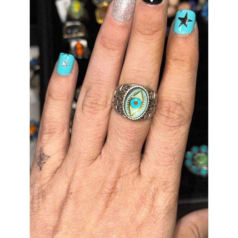 All Seeing Eye Sterling Silver Overlay Ring Size 9